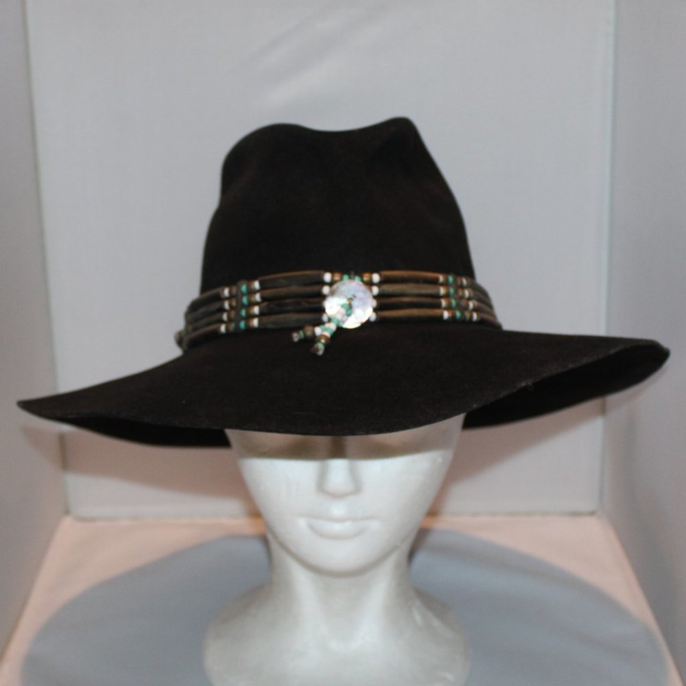 vtg Golden Gate Hat Co. Nashville black felt cowboy hat bead & shell hat band